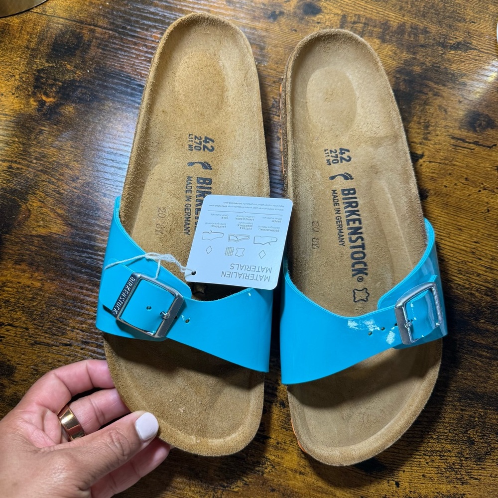 Birkenstock Patent Single-Strap Slides in Turquoise with Orange sole